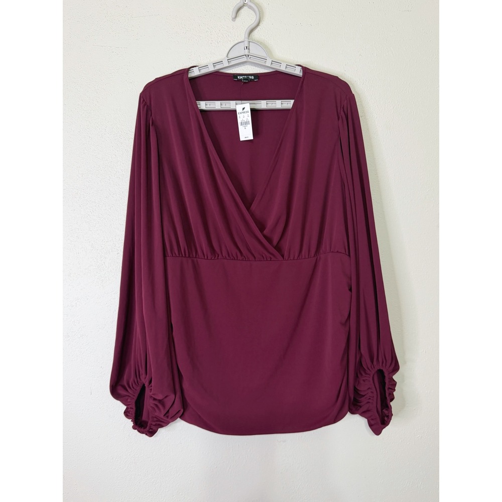 Express Womens XL Wine Burgundy Surplice V-Neck Balloon Sleeve Ruched Blouse NWT